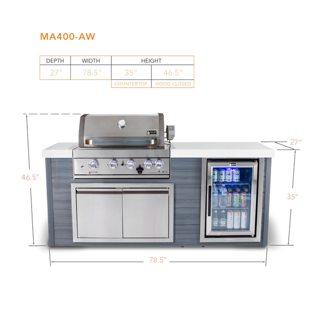 Mont Alpi Artwood Series 6.5 Ft Propane Outdoor Kitchen Island w/ 4-Burner Grill